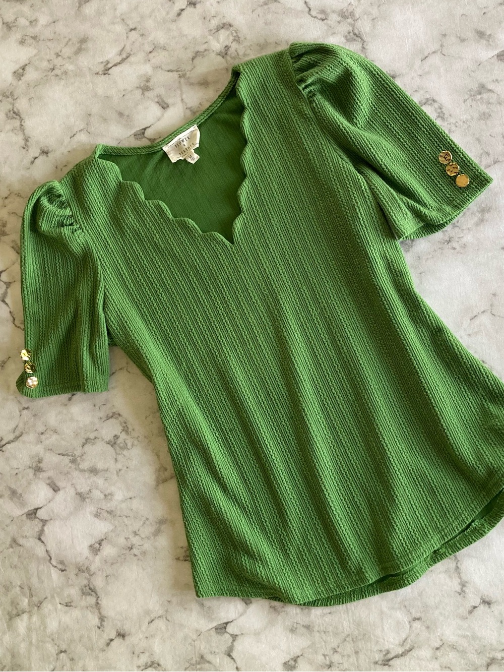Green Scallop V-Neck Knit Top with Gold tone Buttons.